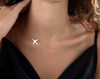 14K Gold Airplane Pendant Necklace, Gold Plane Necklace, Airplane Charm Necklace, Pilot Gifts for Her, Travel Necklace, Plane Pendant