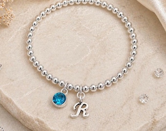 Personalised Birthstone Initial Bracelet, Silver Beaded Stretch Jewellery, Dainty Stacking Gift for Women Girls