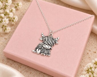 Highland Cow Necklace, Silver Charm Pendant, Scottish Inspired Jewellery