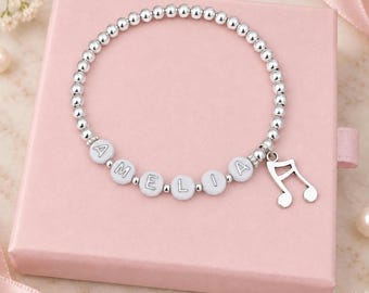 Personalised Music Note Bracelet, Name Bracelet with Music Charm, Silver Beaded Stretch Bracelet, Music Lover Gift