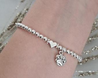 Dainty Paw Print Bracelet, Silver Beaded Stacking Bracelet, Minimal Pet Lover Jewellery