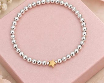 Gold Star Bracelet, Silver Beaded Stretch Jewellery, Dainty Star Gift for Girls Her