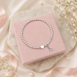 Personalised Initial Bracelet, Silver Beaded Heart Bracelet, Stretchy Stacking Bracelet, Girls Bracelet, Birthday Gift for Her