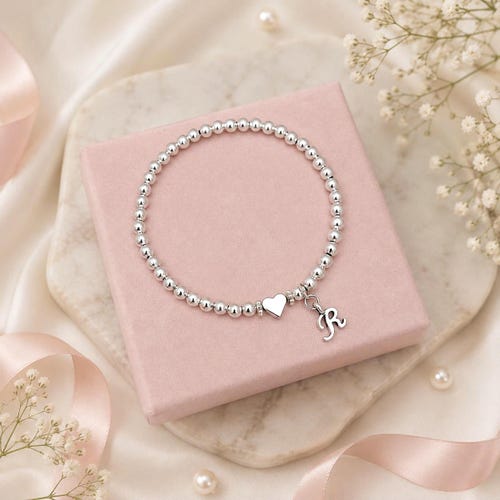 Personalised Initial Bracelet, Silver Beaded Heart Bracelet, Stretchy Stacking Bracelet, Girls Bracelet, Birthday Gift for Her