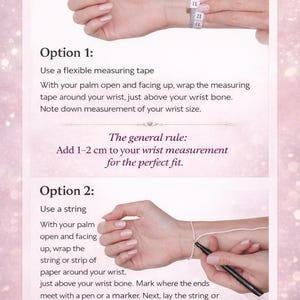 May include: Image showing two methods to measure wrist size. Option 1 uses a measuring tape, and Option 2 uses a string. Text explains how to measure the wrist for a perfect fit. The text also includes the brand name "Dimi Peti Handmade".