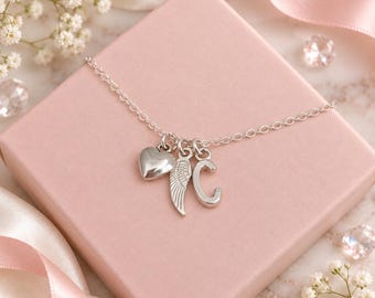 Personalised Initial Necklace, Angel Wing Heart Necklace, Silver Charm Jewellery Gift for Her