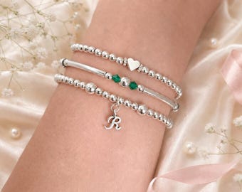 Personalised Initial and Birthstone Stretch Bracelet Set, Silver Stacking Bracelets, Heart Charm Bracelet, Birthday Gift for Her