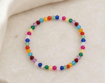 Summer Crystal Bracelet, Sterling Silver Bead Bracelet, Colourful Stretch Bracelet, Holiday Gift for Her