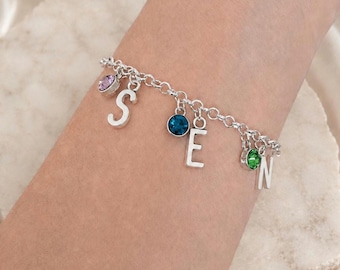 Personalised Birthstone Family Bracelet, Initial & Birthstone Chain Bracelet, Birthday Jewellery Gift for Her