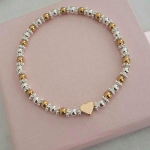 Silver and Gold Bracelet, Mixed Metal Beaded Bracelet, Dainty Stretch Bracelet, Gift for Her