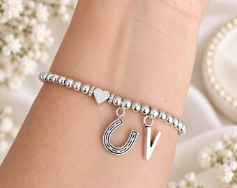 Horseshoe Charm Bracelet, Personalised Initial Bracelet, Silver Beaded Stretch Bracelet, Good Luck Gift