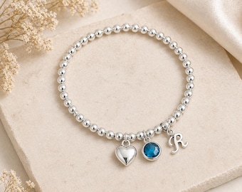 Personalised Birthstone Initial Bracelet, Dainty Silver Heart Bracelet, Minimal Beaded Jewellery, Gift for Her