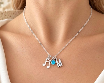 Music Note Necklace, Initial Birthstone Charm, Silver Musical Jewellery Gift for Her