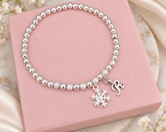 Snowflake Initial Bracelet, Personalised Christmas Bracelet, Silver Beaded Gift
