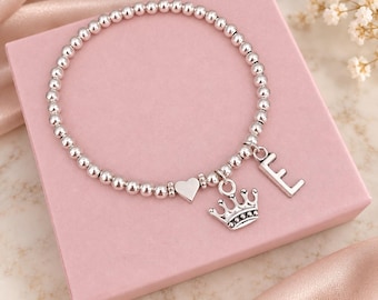 Personalised Initial Bracelet with Heart and Crown Charm, Silver Beaded Stretch Stacking Birthday Gift for Her or Girls