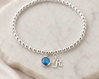 Birthstone and Initial Personalised Bracelet, Minimal Silver Beaded Stretch Bracelet, Personalised Jewellery Gift for Her