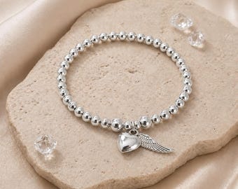 Angel Wing Heart Bracelet, Memorial Jewellery Gift, Sympathy Bracelet, In Loving Memory Gift, Silver Beaded Stretch Bracelet