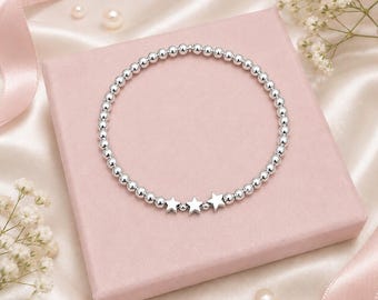 Triple Star Bead Bracelet, Silver Beaded Stretch Bracelet, Gift for Her