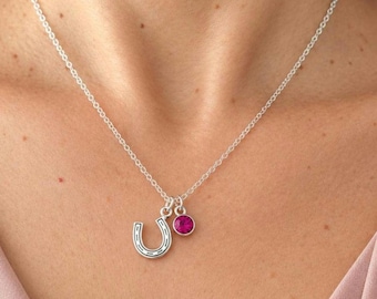 Horseshoe Birthstone Necklace, Silver Lucky Charm Dainty Jewellery, Horse Lover Gift for Her