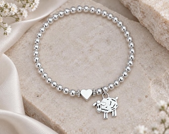 Sheep Charm Bracelet, Personalised Silver Beaded Stretch Initial Bracelet, Cute Animal Bracelet, Farm Animal Gift for Girls Her