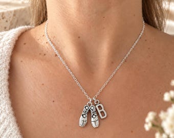 Ballet Shoes Necklace, Initial Charm, Birthstone Pendant, Silver Dance Jewellery Gift for Her or Girls