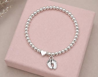 Personalised Baby Feet Charm Bracelet Silver Plated Beaded Stacking Bracelet