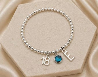 18th Birthday Bracelet, Personalised 18 Charm Bracelet with Birthstone and Initial, Silver Plated Stretch Bracelet, Gift for Girls