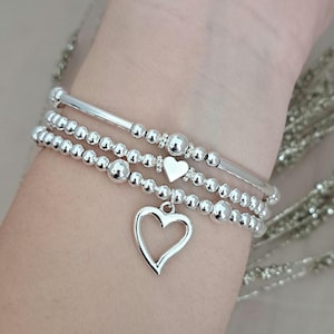 Silver Heart Bracelet Set, Layered Stacking Bracelets, Silver Plated Beaded Bracelet Stack, Gift for Mum, Sister or Her UK