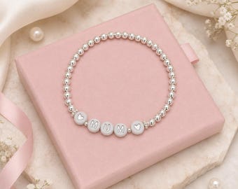 Mum Bracelet, Personalised Name Bracelet for Mum, Silver Beaded Stretch Bracelet, Gift for Mum, Birthday Gift Mum