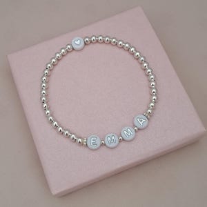 Personalised Name Bracelet – Silver Stretch Beaded Initial Bracelet, Gift for Women or Girls UK