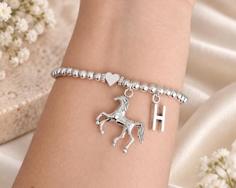 Horse Charm Bracelet, Personalised Initial Bracelet, Silver Beaded Stretch Bracelet, Horse Lover Gift