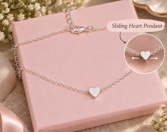 Silver Heart Necklace, Sliding Heart Pendant, Dainty Silver Jewellery Gift for Her