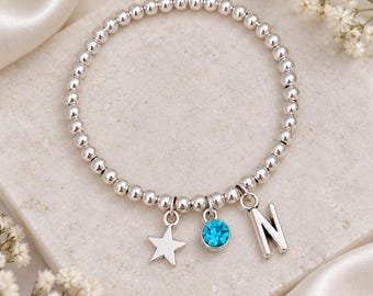 Personalised Initial and Star Stretch Bracelet, Silver Birthstone Charm Jewellery, Custom Jewelry, Gift for Her, Beaded Charm Bracelet