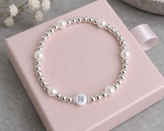 Personalised Initial Stretch Bracelet, Pearl Silver Bead Bracelet, Gift for Her