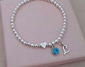 Personalised Birthstone Initial Bracelet, Silver Beaded Stretchy Jewellery, Birthday Gift for Her