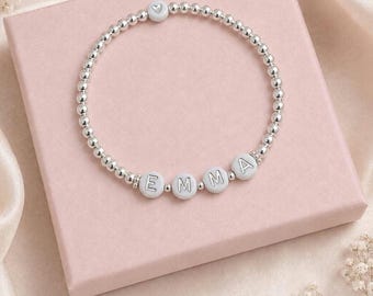 Personalised Name Stretch Bracelet – Silver Beaded Initial Bracelet, Gift for Women or Girls