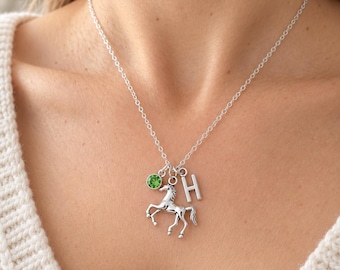 Horse Necklace, Personalised Initial Charm, Silver Equestrian Jewellery Gift for Her