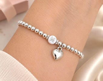Dainty Initial Bracelet Silver Beaded Stretch Bracelet Minimal Letter Bracelet Gift for Her