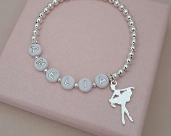 Personalised Ballet Bracelet, Ballerina Name Bracelet, Dance Gift for Girl, Silver Beaded Stretch Bracelet