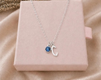 Personalised Initial Birthstone Necklace, Silver Pendant Necklace, Custom Jewellery Gift for Women Girls