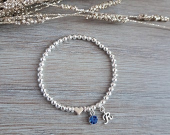 Birthstone Bracelet/Initial Bracelet/Heart Bracelet/Silver Plated Stretchy Stacking  Bead Ball Bracelet/Women Children/Birthday/Mum