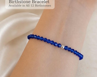 Birthstone Bracelet, Birthday Bracelet, Crystal Strerch Bracelet, Sterling Silver Bead Bracelet, Gift for Her