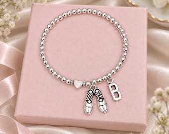 Ballet Shoes Charm Bracelet, Ballet Slippers Bracelet, Personalised Silver Beaded Stretch Initial Bracelet, Dance Recital Gift For Her