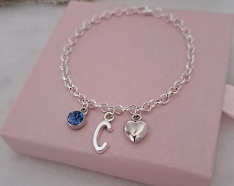 Personalised Initial Birthstone Bracelet for Women & Girls, Silver Plated Chain Heart Charm, Gift