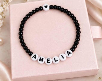 Personalised Name Bracelet with Heart, Black Beaded Stretch Bracelet, Custom Name Gift for Girls, Cute Jewellery