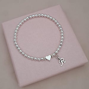 Personalised Initial Bracelet, Silver Beaded Heart Bracelet, Stretchy Stacking Bracelet, Girls Bracelet, Birthday Gift for Her