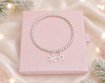 Snowflake Star Charm Bracelet, Christmas Silver Beaded Stretch Bracelet, Gift for Her