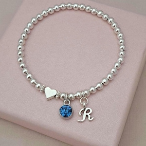 Personalised Initial Birthstone Bracelet, Silver Beaded Stretch Bracelet, Girls Bracelet, Birthday Gift for Her, Kids Bracelet UK