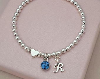 Personalised Initial Bracelet, Birthstone Charm Bracelet, Silver Beaded Stretch Bracelet, Birthday Gift for Her