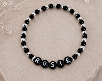Personalised Black & Silver Name Bracelet, Initial Beaded Bracelet, Custom Name Jewellery, Minimal Gift for Her